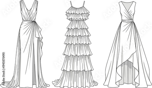 Collection of evening gown bridal dress technical cad drawing flat vector illustration with ruffled pleated and draped silhouettes for fashion
