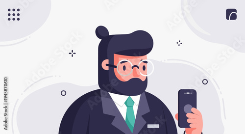 A bearded man in a suit and glasses holds a smartphone, with abstract shapes in the background