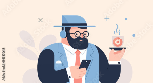 A bearded man in a hat and glasses holds a phone and a drink