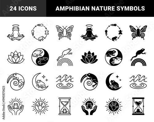 Mystical frog hybrid symbols featuring amphibian silhouettes merged with lotus flower moon sun butterfly and zen meditation elements in outline and solid styles