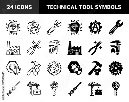 Industrial Engineering and Biotechnology Hybrid Icons Featuring DNA Screwdriver Diamond Microchip Gear Compass and Crane Briefcase Symbols