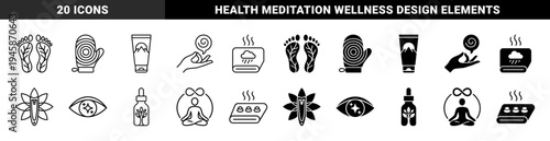 Wellness and Holistic Spa Symbols featuring Foot Reflexology with Leaf Veins, Lotus Nail Clipper, and Yoga Meditation with Infinity Loop