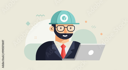 A bearded man in a hard hat and suit works on a laptop