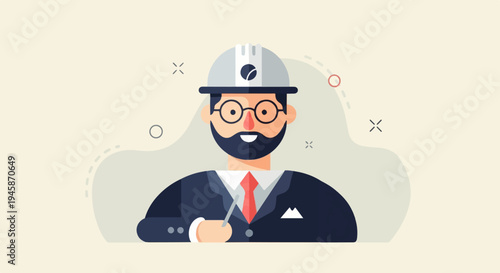 A bearded man in a hard hat and suit holds a tool, cartoon style