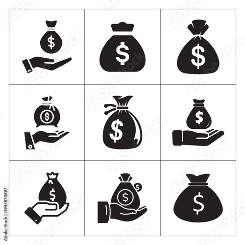 Elegant Black Money Bag Dollar Cash Payment Icon Set
