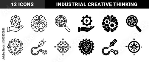 Monoline and Solid Hybrid Icons Merging Industrial Gears with Human Intelligence Brains Energy Lightning Bolts and Creative Growth Tree Symbols
