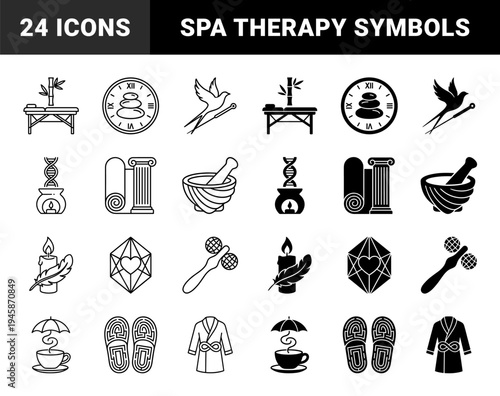 Wellness and Holistic Therapy Hybrid Symbols Featuring Acupuncture Bird Massage Table Bamboo and Zen Stone Clock in Dual Line and Solid Style