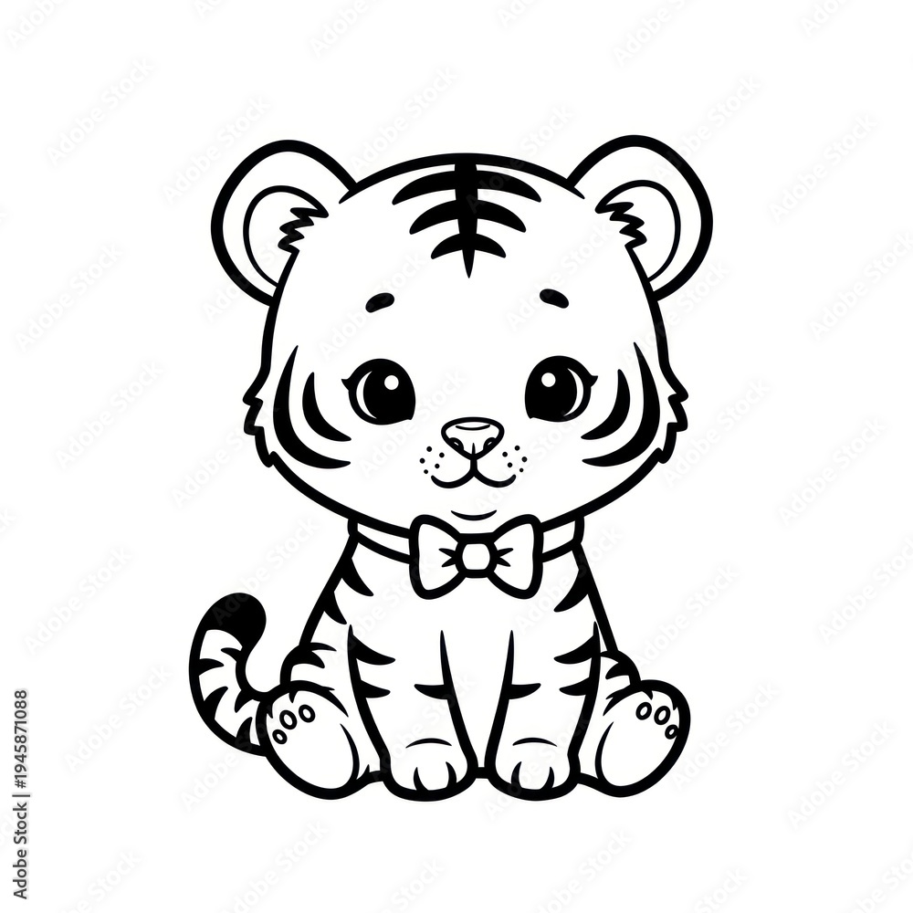 Obraz premium Cute cartoon baby tiger sitting with a bow tie illustration