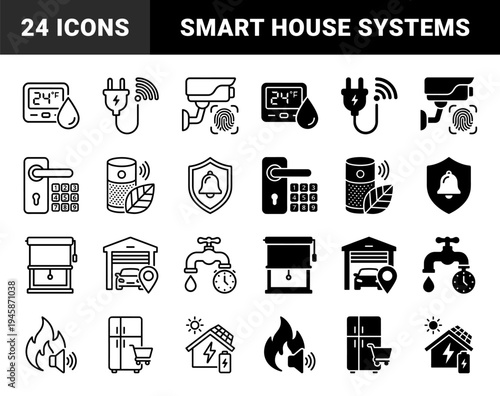 Smart home automation symbols featuring hybrid logic concepts for climate control security energy monitoring and domestic appliance management