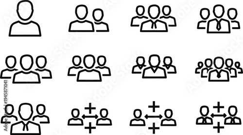 Business team icons featuring group silhouettes, leadership profiles, social networking symbols, collaboration charts, corporate staff