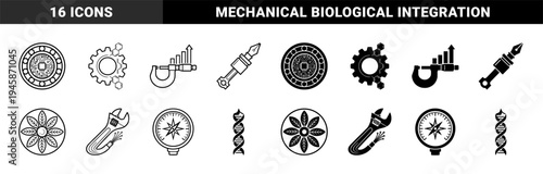 Black and white hybrid engineering and biotechnology icons merging mechanical parts with organic and electronic elements in outline and solid styles