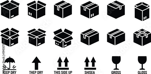 Cardboard Box Packaging Icons Featuring Delivery Shipping Containers, Fragile Glass, This Side Up, and Logistics Cargo Handling Symbols