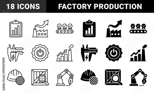 Industrial manufacturing and production monitoring hybrid icons featuring factory efficiency metrics quality control conveyor belt and robotic automation