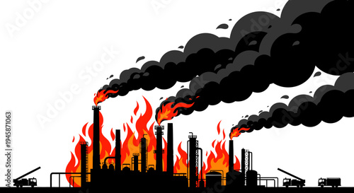 Industrial fire burns at a factory with smoke and flames coming out of the burning buildings and tanks.