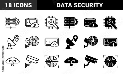 Data infrastructure and network security hybrid design featuring server gear cloud backup timer and biometric fingerprint scanner with surveillance