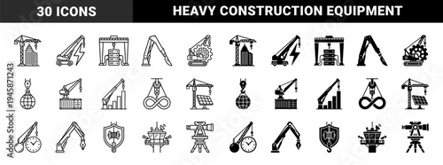Heavy Industrial Crane and Construction Machinery Hybrid Concepts Integrating Power Lightning Bolt Gear Global Earth and Data Server Symbols