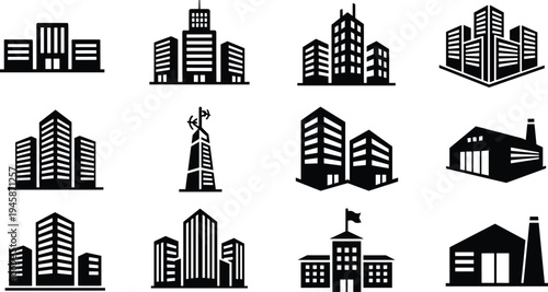 City building icons featuring corporate skyscrapers, office towers, industrial factories, apartment blocks