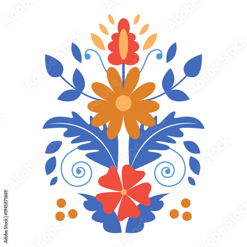Folk Floral Symmetrical Ornament. Traditional Scandinavian Art. Vector Illustration.