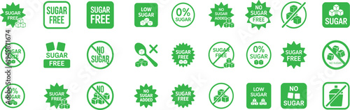 Collection of green sugar free and low sugar food labels and icons