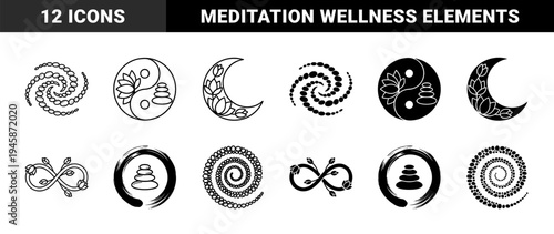 Zen meditation hybrid symbols featuring lotus flowers merged with infinity signs and crescent moon shapes in black and white minimalist styles