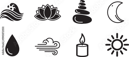 A set of vector line art silhouettes depicting various spiritual and nature symbols in a bundle