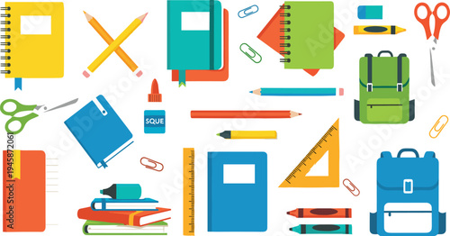 School Supplies and Stationery Collection Notebooks Pencils Backpack Scissors Ruler and Classroom Tools Vector Illustration