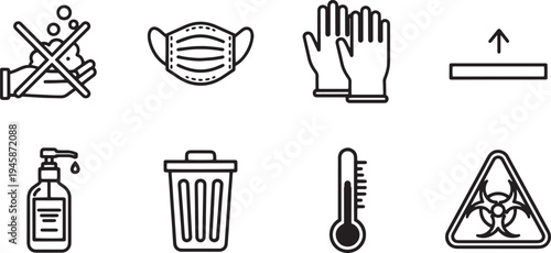 A set of vector line art silhouettes depicting COVID-19 pandemic prevention measures and safety protocols in a simple bundle