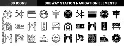 Modern Urban Metro and Subway Transit System Icons Featuring Hybrid Line and Solid Designs for Navigation Ticketing and Station Infrastructure