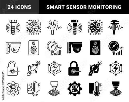 Industrial monitoring and smart hardware maintenance icons featuring hybrid designs of mechanical bolts sensors biometric security and electrical components