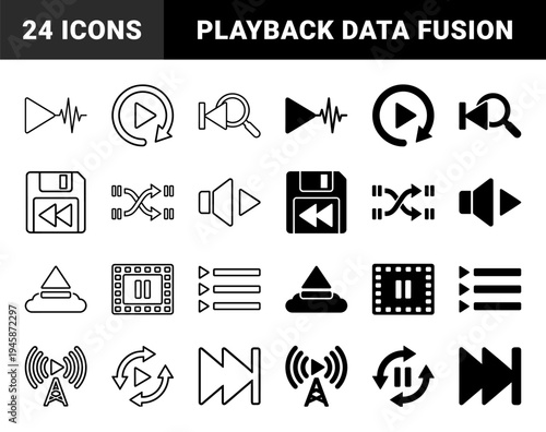 Hybrid media player icons merging playback controls with data storage and transmission symbols in outline and solid minimalist graphic styles