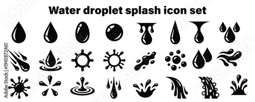 Creative black and white water droplet splash icon collection for various applications