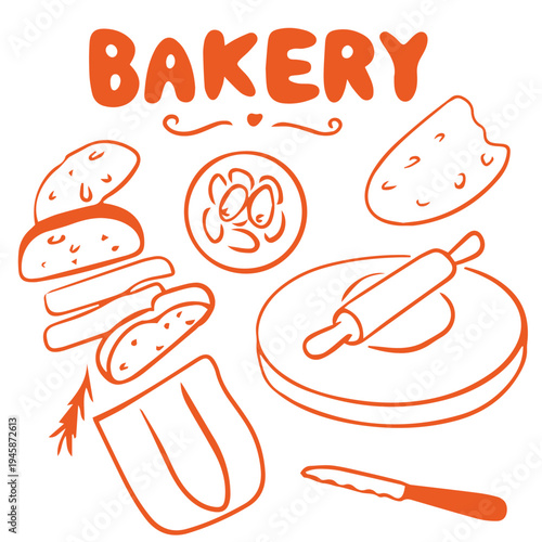 Bakery hand drawn doodle set with bread dough rolling pin knife and baking tools