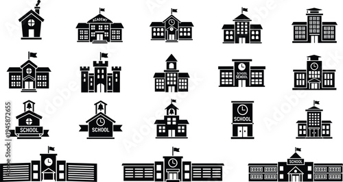 School building icons featuring academy architecture, university campuses, elementary classrooms, graduation caps, bells, and education centers for academic vector design SEO.