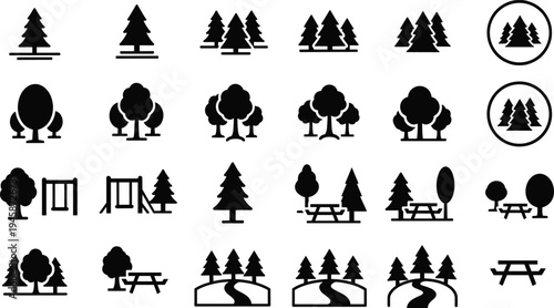 Solid silhouette vector forest icons featuring pine trees, park benches, swings, nature trails, and outdoor recreation landscape elements for SEO.