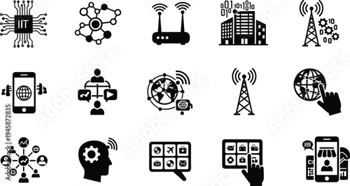 Technology and communication icons featuring microchips, wireless networks, global connectivity, smart devices, digital data processing