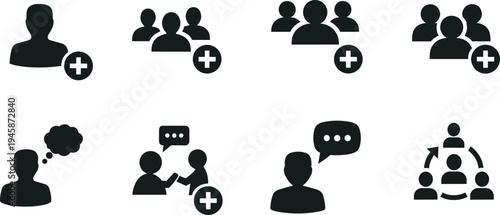 User profile icons featuring add friend symbols, group collaboration, speech bubbles, thinking silhouettes, and social networking interaction vector illustrations.