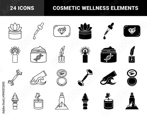 Hybrid beauty and wellness icons merging skincare products with natural elements like lotus flowers dna strands mountains butterflies and ocean waves