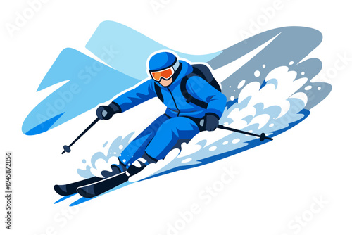 Man skiing down a snowy mountain slope with ski poles.