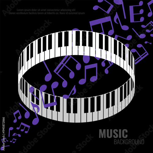 Music background with round shaped piano keys and music notes. Vector illustration