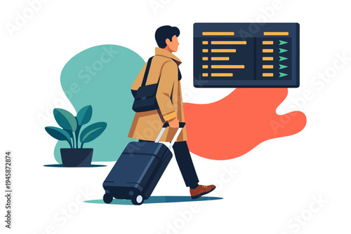 Man with suitcase walks past flight information board at airport.