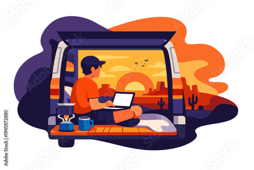 Man working on laptop inside camper van at sunset.