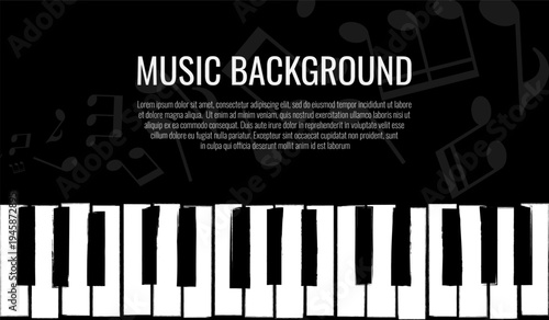 Music background with abstract distorted piano keys and music notes. Vector illustration