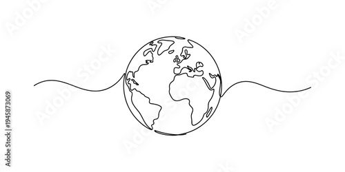 Minimalist continuous line art illustration of the planet earth globe on a white background Vector, illustration