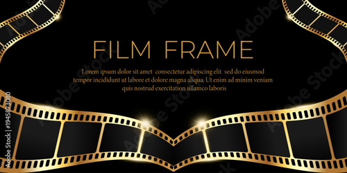 Shiny film frame banner with curved golden filmstrip on black background. Vector illustration