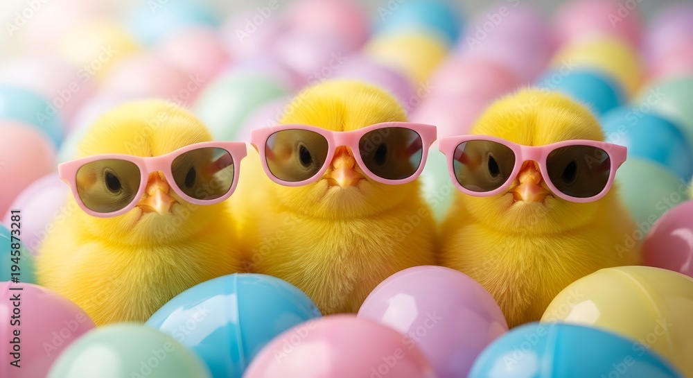 Fototapeta premium Easter sunday fun with three yellow chicks wearing sunglasses among colorful eggs
