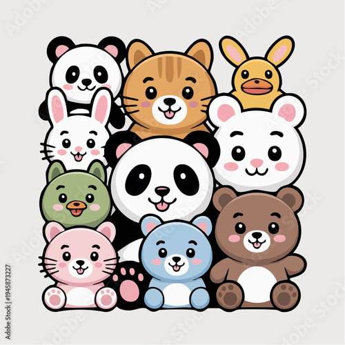 A colorful group illustration of cute animals including panda, cat, rabbit, bear, and others gathered together.