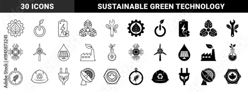 Hybrid ecological industry icon set featuring nature and technology mergers like gear leaves solar water drops and circuit board roots