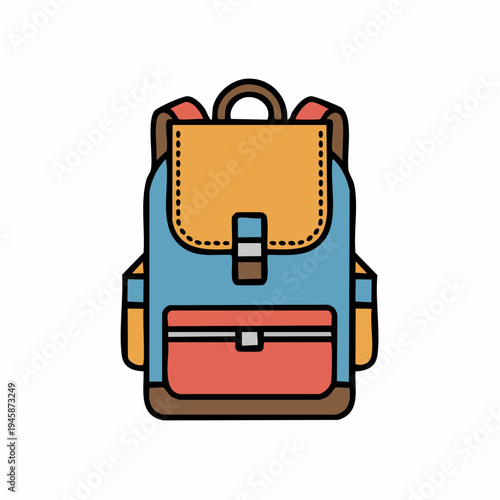 A colorful illustration of a backpack with multiple pockets and compartments on a plain background