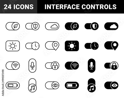 Collection of hybrid toggle switches merging interactive user interface elements with symbolic glyphs for nature security storage and time management
