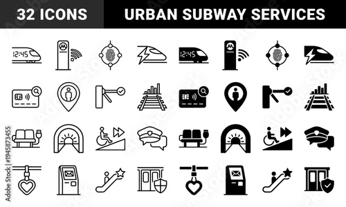 Hybrid transit and metro station icons merging transportation symbols with digital utility elements like charging seats and biometric security access gates